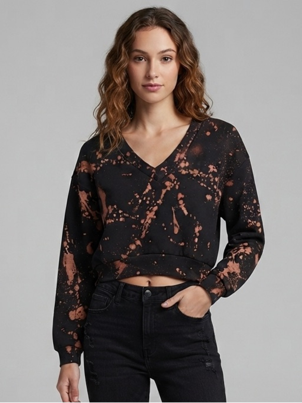 OOAK Bleach Dyed No Boundaries V-Neck Sweatshirt XS Black